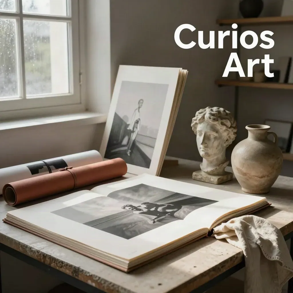 Portfolio d’arte aperto, busto in gesso, poster arrotolati e vaso terracotta su pietra chiara.
