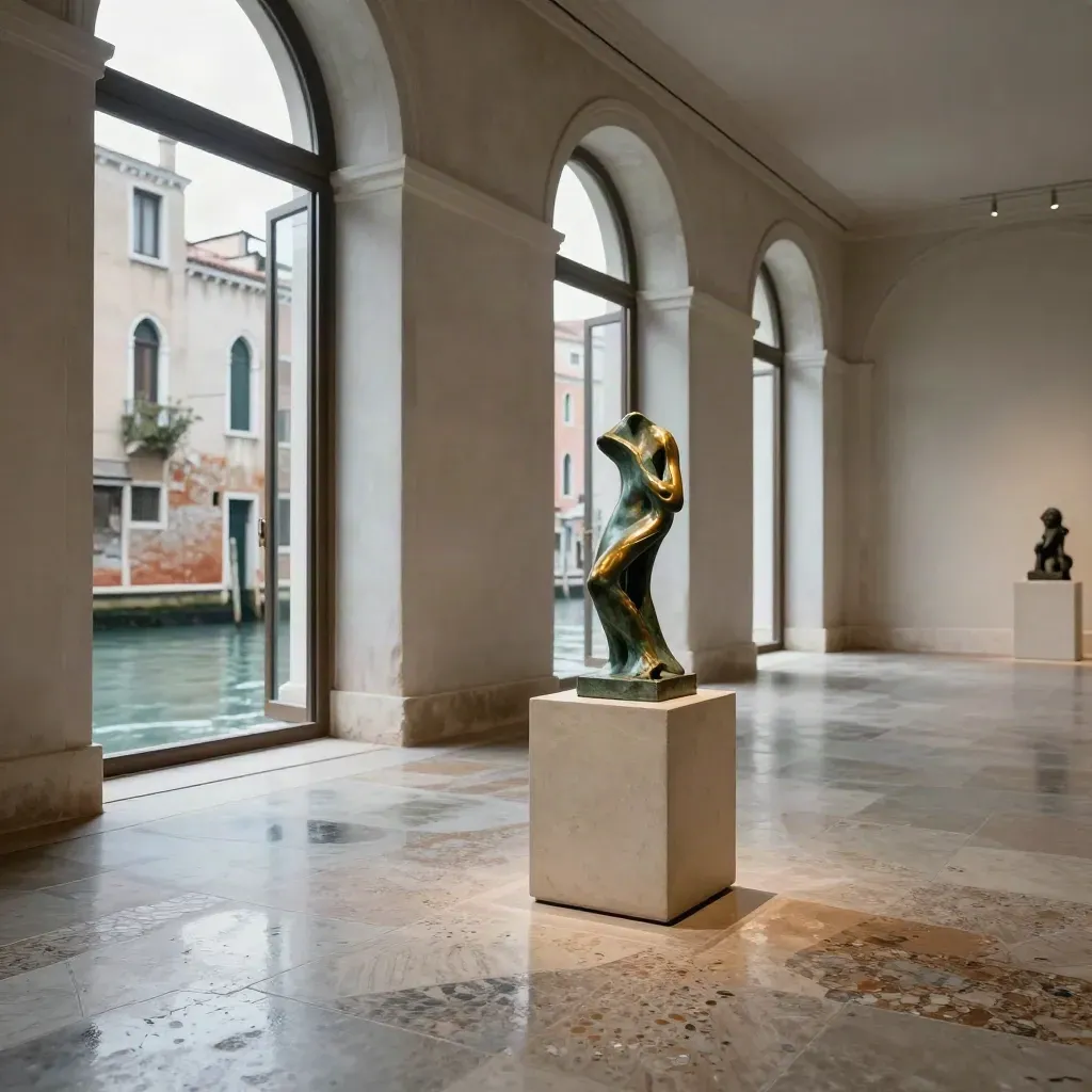 Galleria veneziana con scultura in bronzo, terrazzo lucido e finestre ad arco sul canale dopo il temporale.