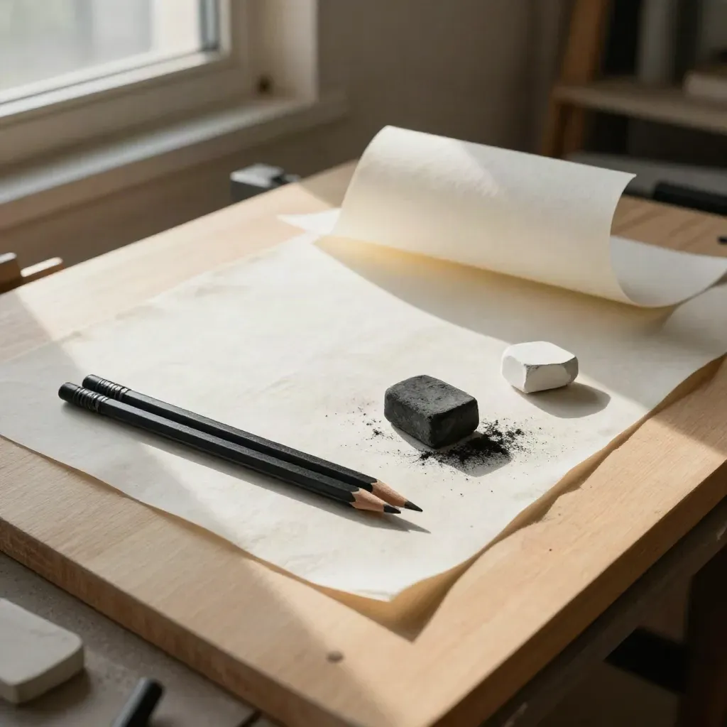 Vista dall'alto di strumenti da disegno in movimento lieve su banco di lavoro.