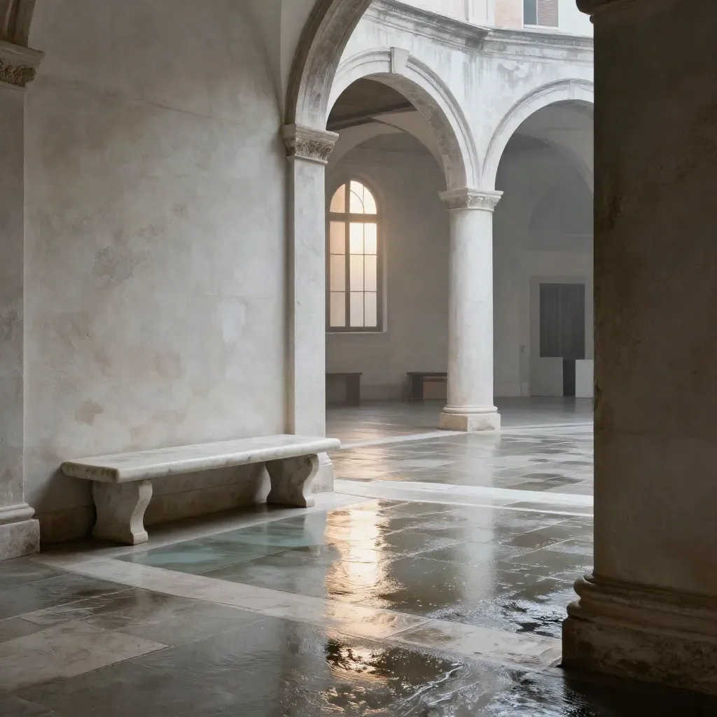 Ingresso di un museo veneziano con pietra bagnata, panca di marmo e riflessi della laguna nella nebbia.