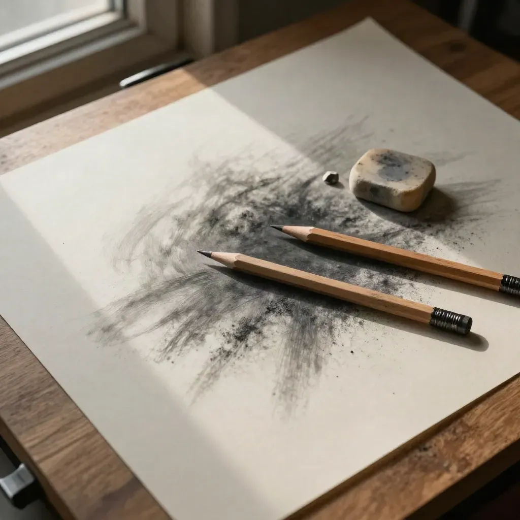 Foglio avorio con matita, tortillon, gomma e grafite sospesa su base in legno caldo.
