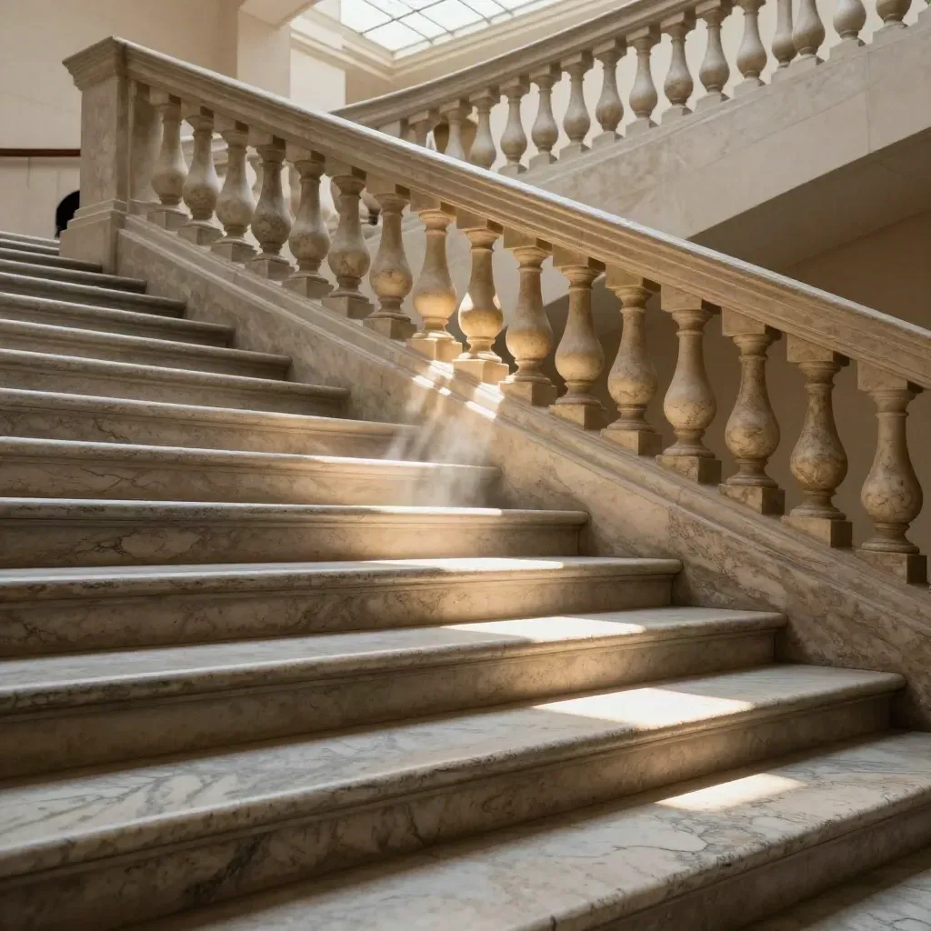 Scalinata monumentale di museo italiano con lama di sole e pietra vissuta