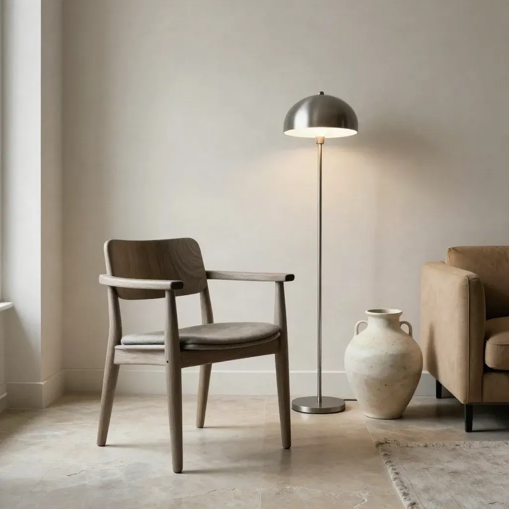 Salotto milanese editoriale con sedia scultorea, lampada in metallo e vaso ceramico in luce pomeridiana