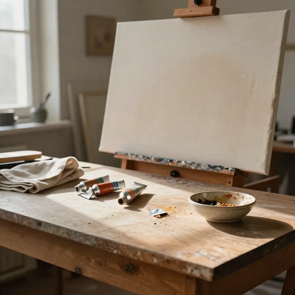 Atelier contemporaneo con tela in lavorazione, tubetti di colore e luce del pomeriggio
