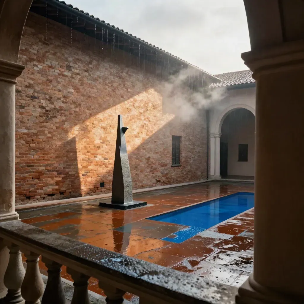 Cortile museale bagnato con scultura contemporanea e luce improvvisa tra i mattoni.
