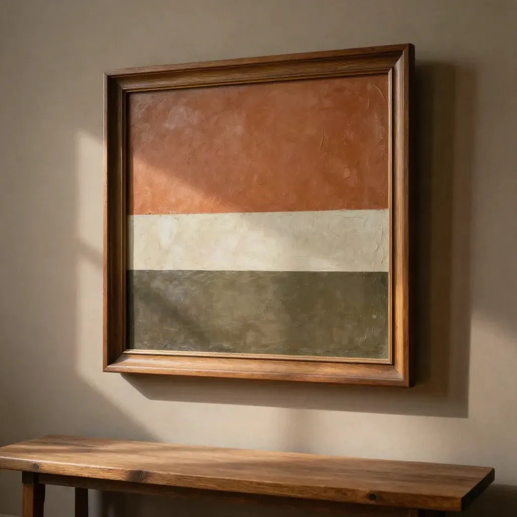 Quadro incorniciato in luce calda su parete neutra con panca bassa.