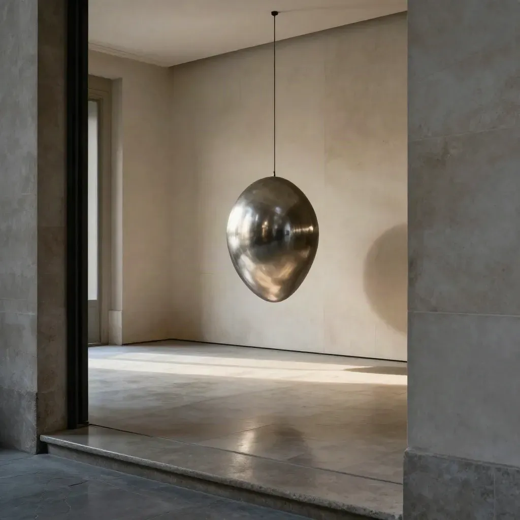 Galleria milanese con scultura sospesa, luce radente e pavimento in pietra lucida.