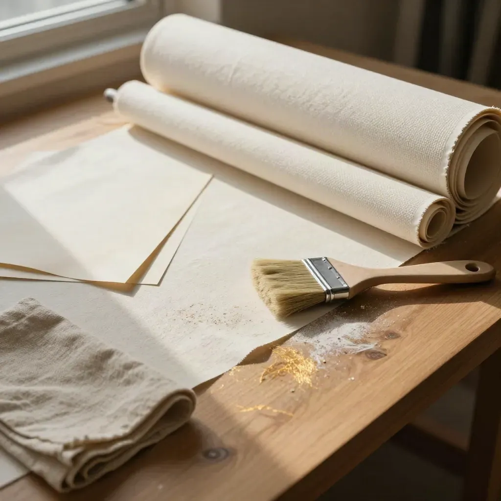 Tela grezza, pennello, carta e panno di lino su banco in legno, luce calda dall’alto.
