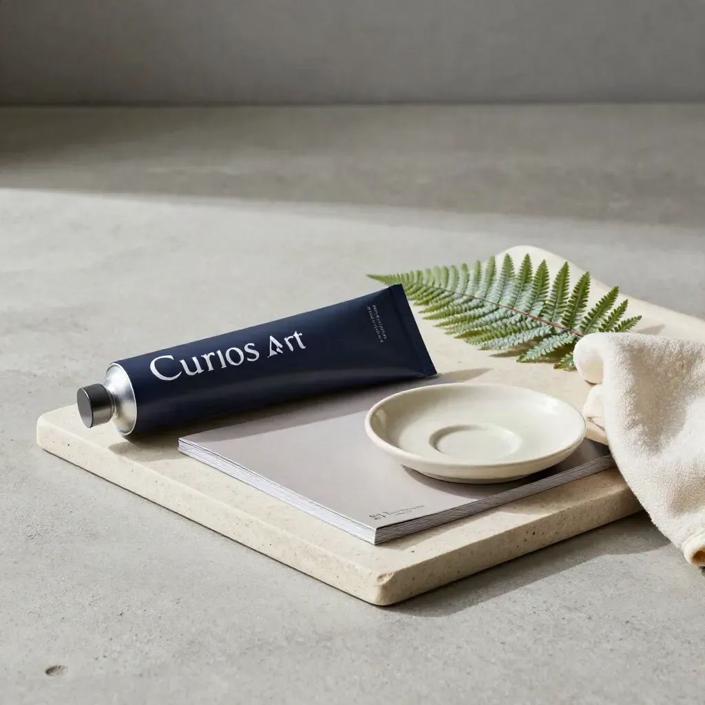 Tubo espositivo, catalogo chiuso, piattino ceramico e felce su vassoio di pietra.