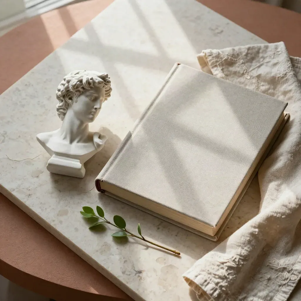 Busto classico, libro d’arte, rametto verde e lino su pietra chiara.