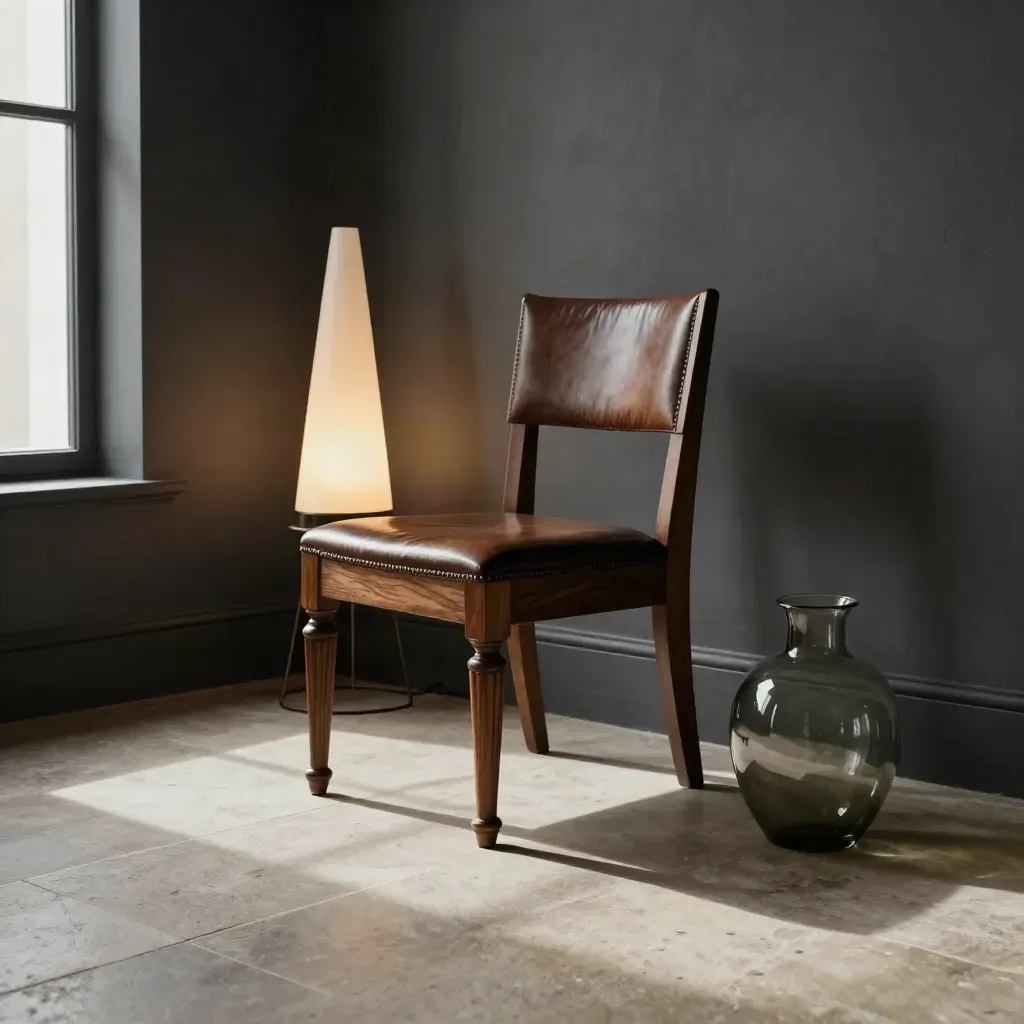 Stanza italiana classica con sedia in noce, lampada accesa e vaso fumé su pavimento in ombra.