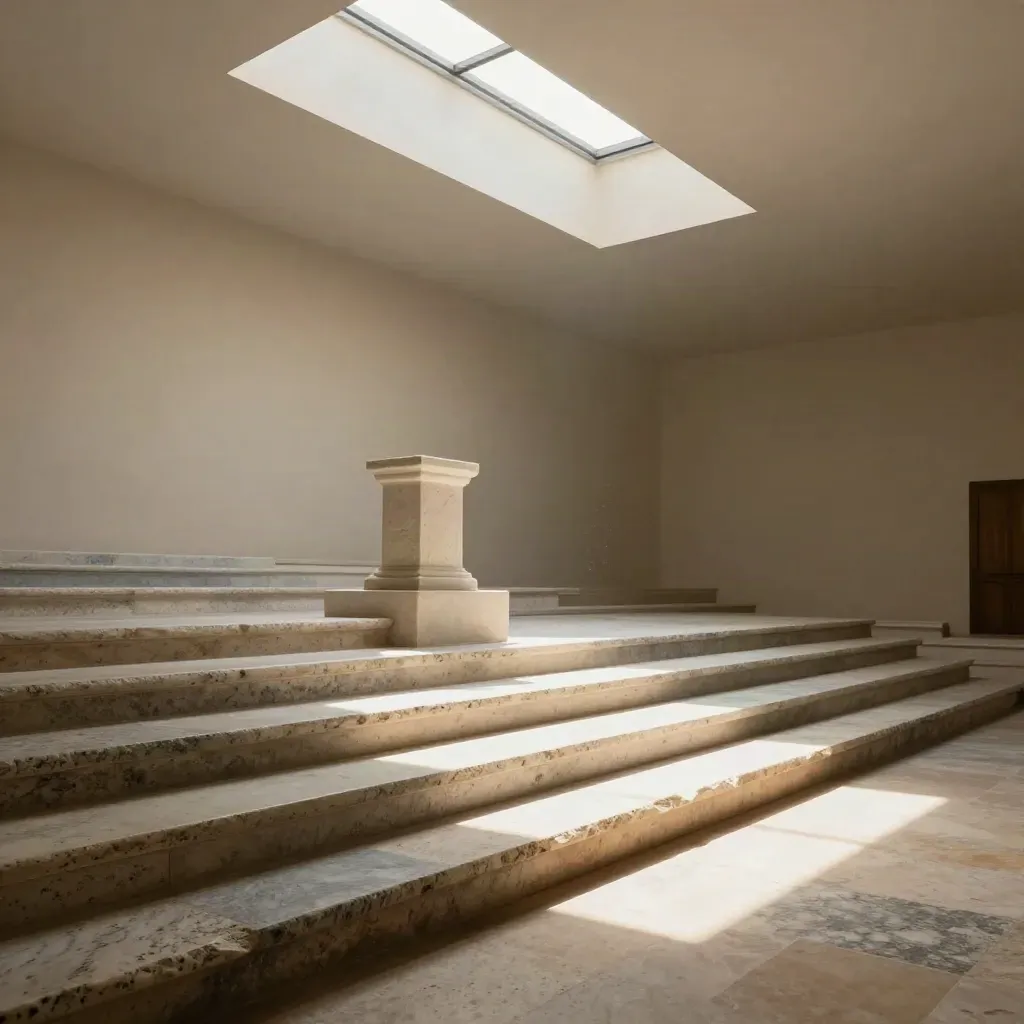 Sala espositiva romana in travertino con pedana scultorea e luce del sole dal lucernario.