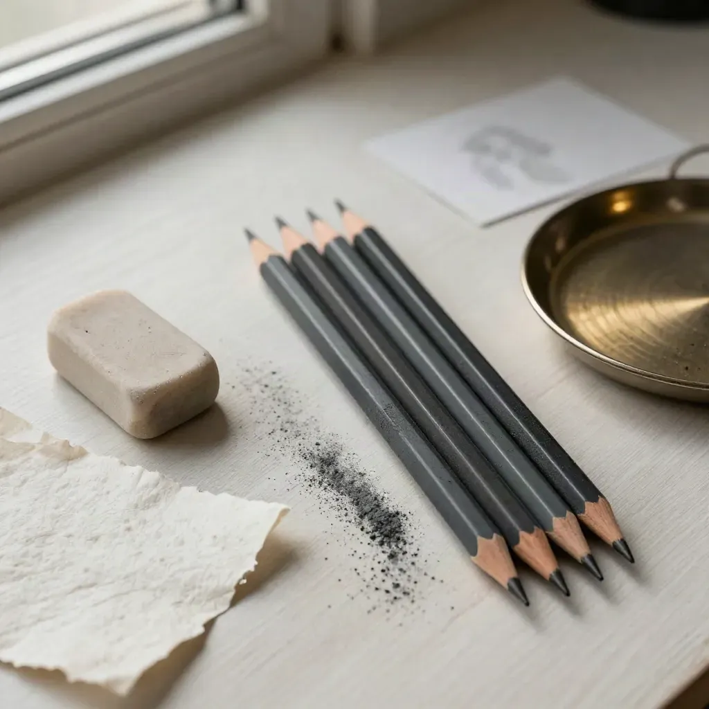 Matite, carboncini, gomma pane e carta ruvida su legno chiaro con polvere di grafite